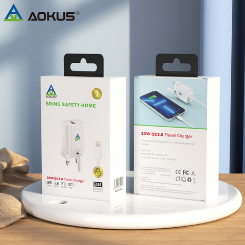 AOKUS E151 Foldable 20W QC3.0 Quick Charger With Lighting Cable White