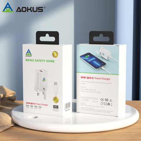 AOKUS E151 Foldable 20W QC3.0 Quick Charger With Type-C Cable White